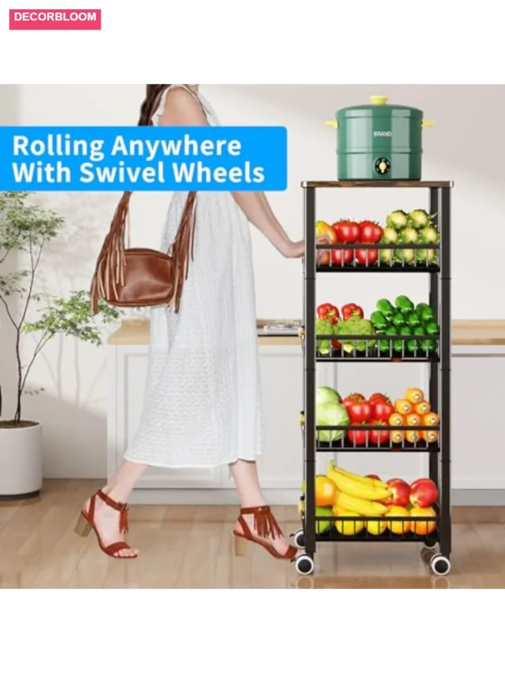 5-Tier Metal Wire Basket Cart Wood Top Pull-Out Baskets with Mats & Wheels